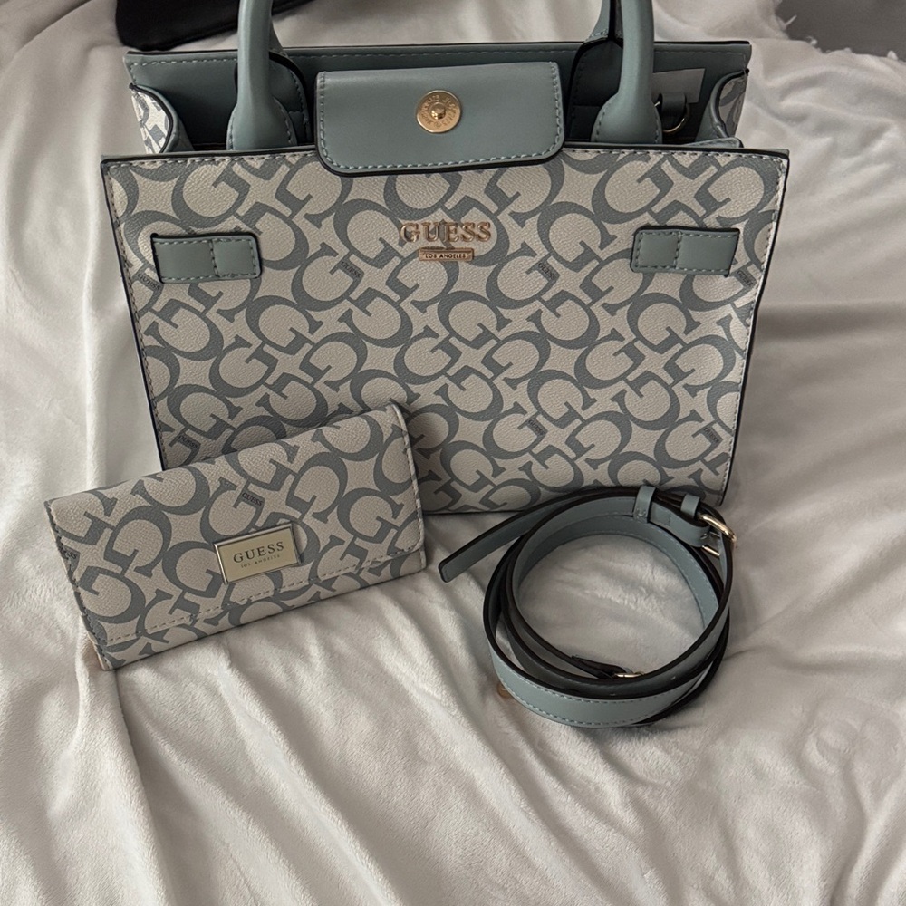 GUESS Light Gray Monogram Tote with Matching Wallet